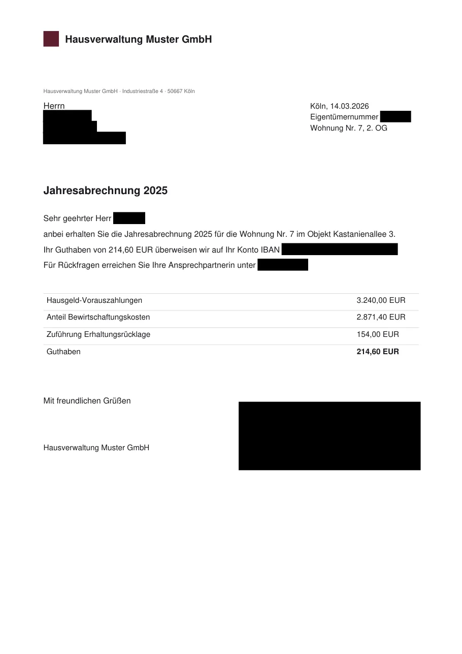 Jahresabrechnung, von Schwarzbalken geschwärzt