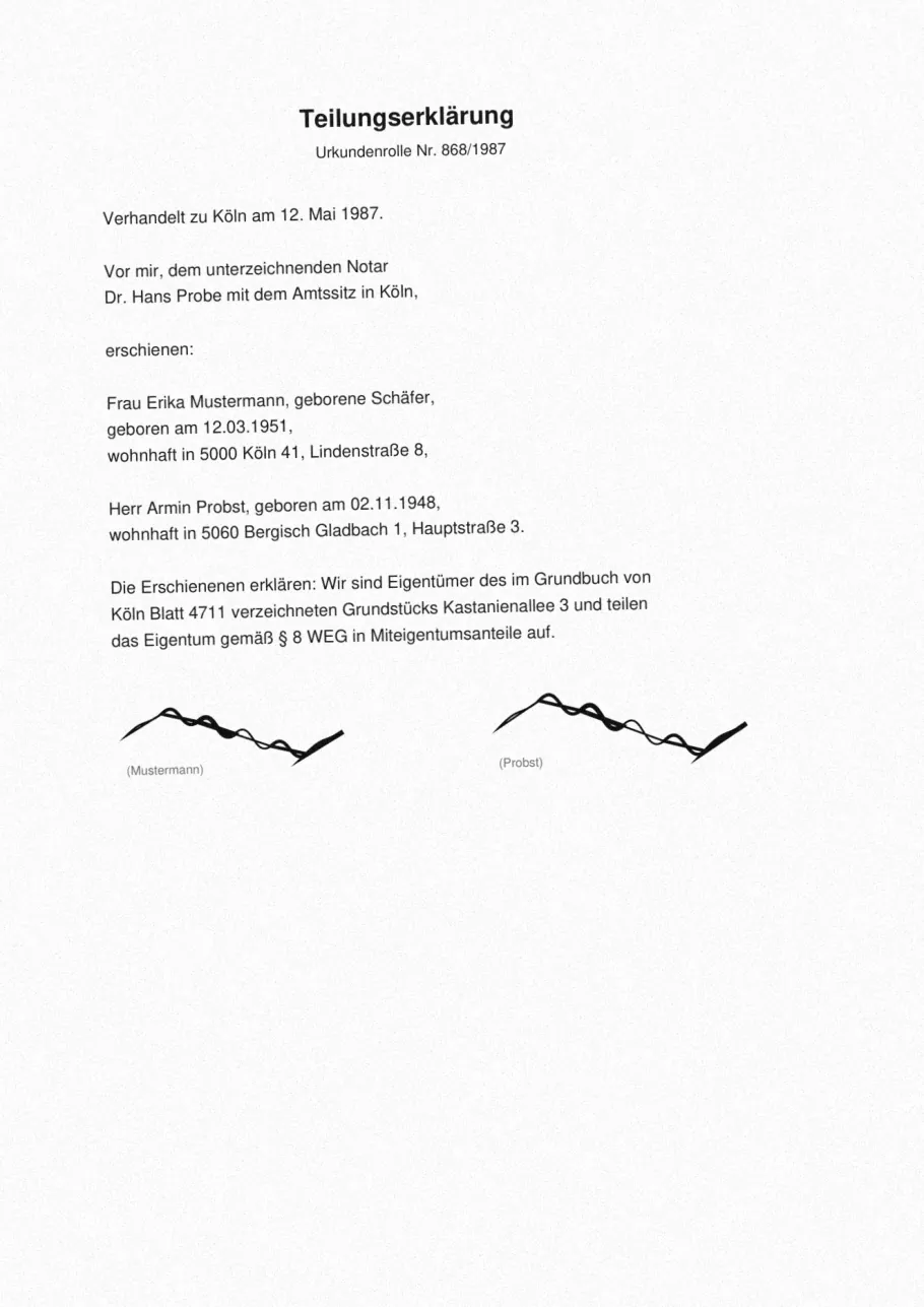 Teilungserklärung, gescannt, Original mit erfundenen Personendaten